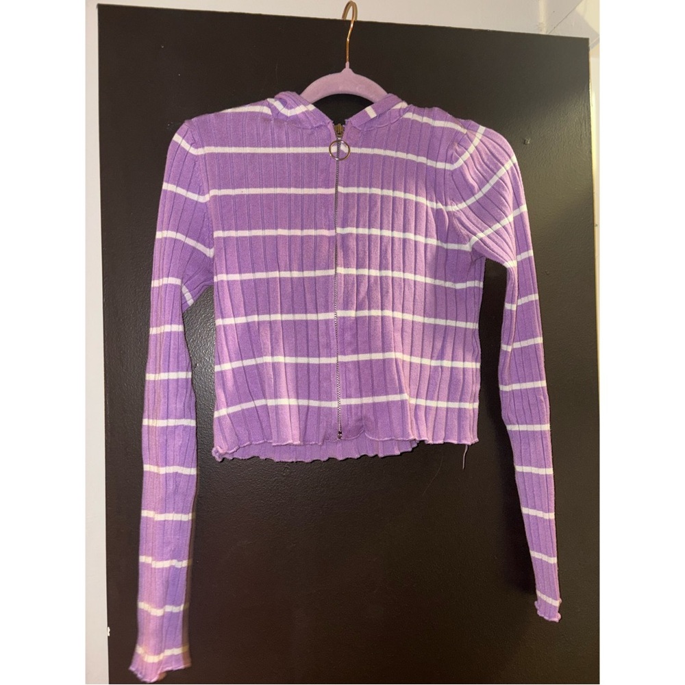 Purple and White Ribbed Crop Hoodie